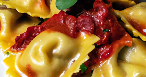 Ravioli s bramborem a řízkem.